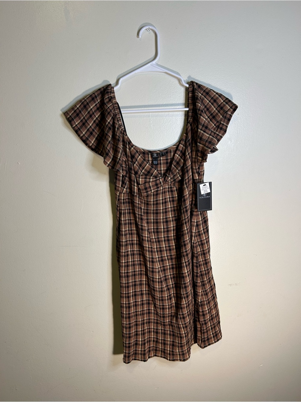 Volcom Womenโs Plaid Scoop Neck Flutter Sleeve Mini Dress M Brown Black Beige